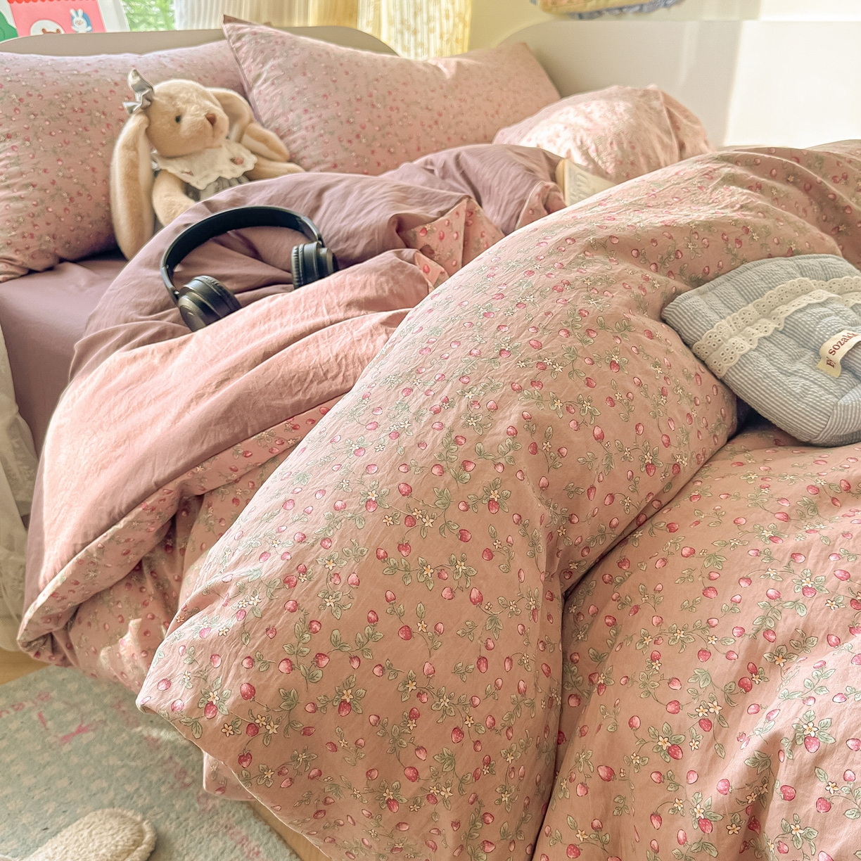 91家纺网 家纺一手货源 找家纺 玉海棠家纺 2025新款亲肤舒适印花四件套系列 樱桃季