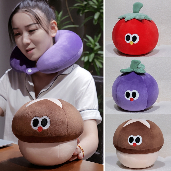 91家纺网 家纺一手货源 找家纺 仟亿莱 2025新款大眼仔果蔬系列泡沫粒子变形u枕 变形茄子-1 u枕28*30cm/果蔬20cm