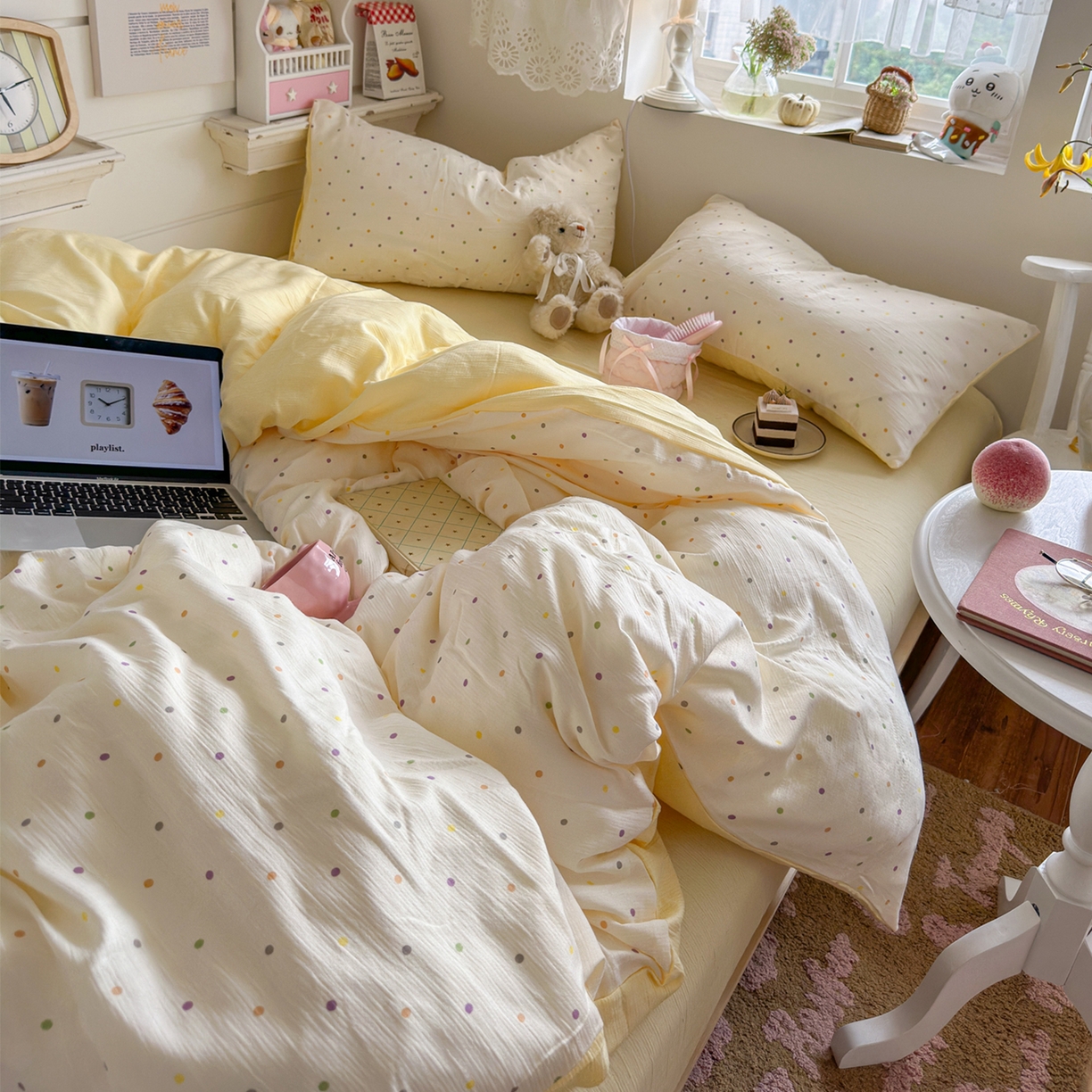 91家纺网 家纺一手货源 找家纺 玉海棠家纺 2025新款甄选三层纱印花四件套 彩波波