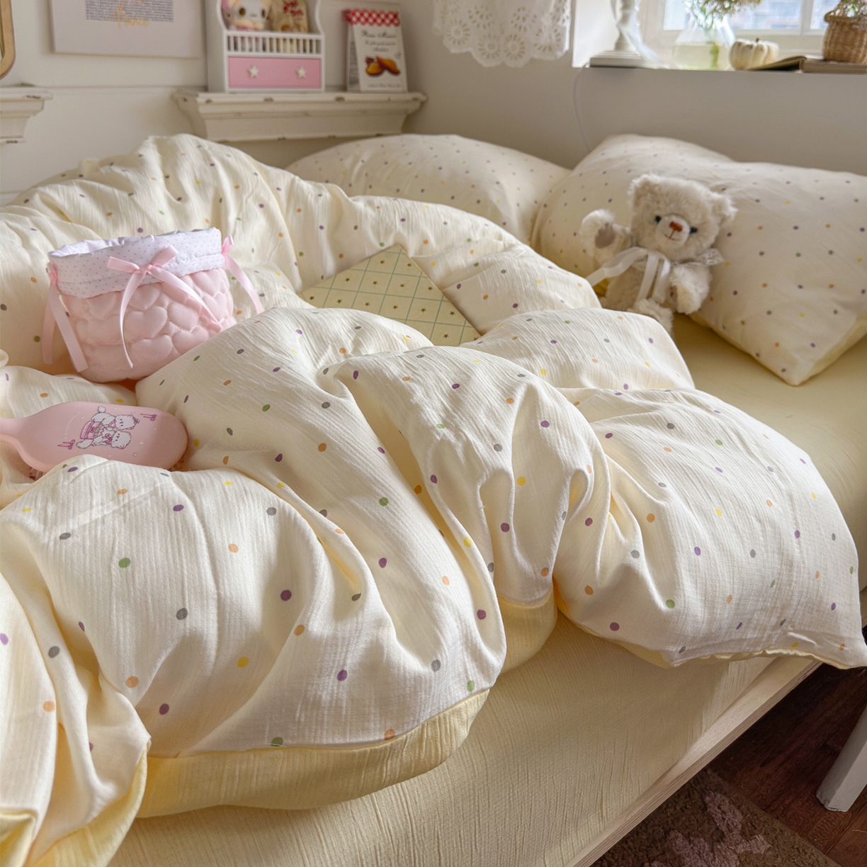 91家纺网 家纺一手货源 找家纺 玉海棠家纺 2025新款甄选三层纱印花四件套 彩波波