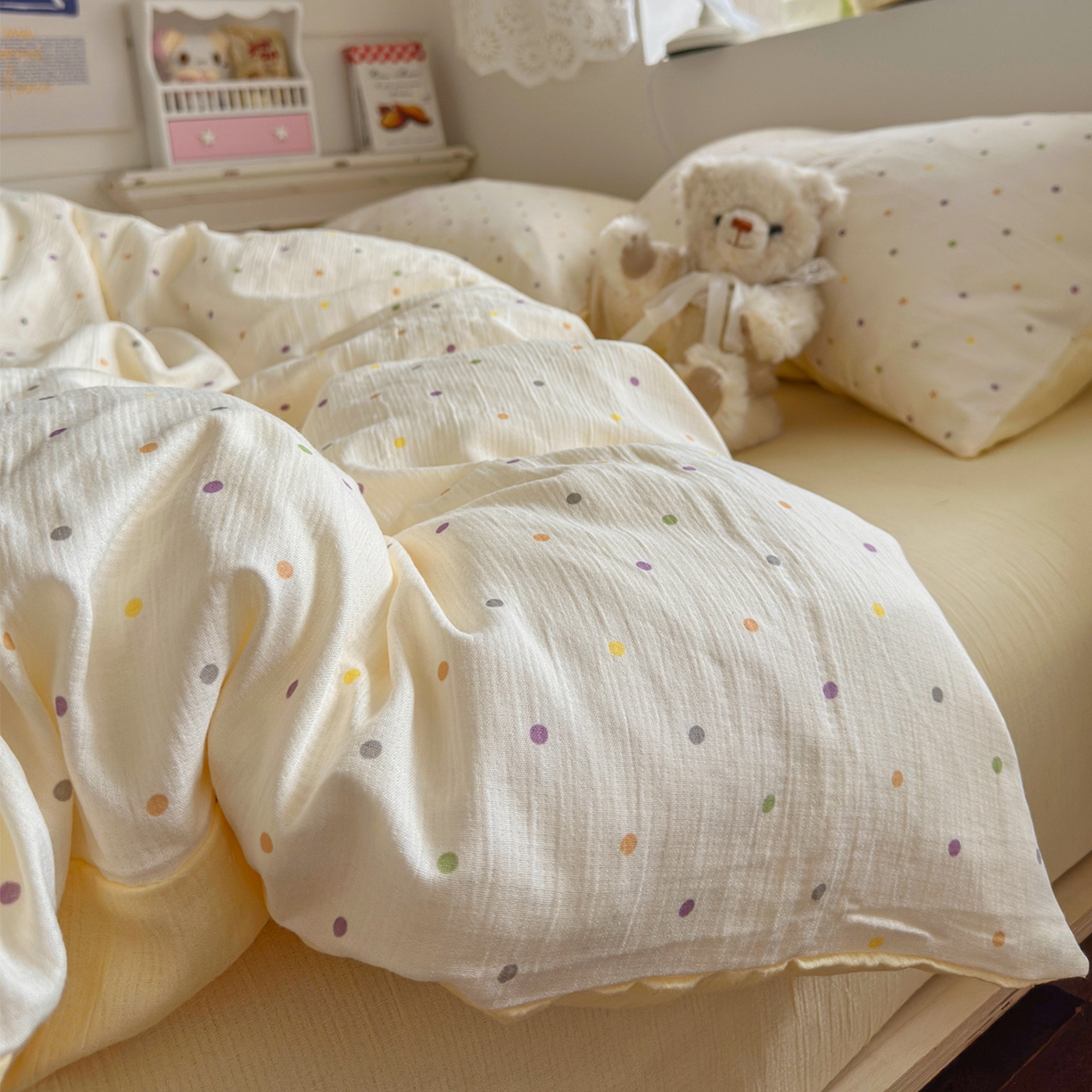 91家纺网 家纺一手货源 找家纺 玉海棠家纺 2025新款甄选三层纱印花四件套 彩波波