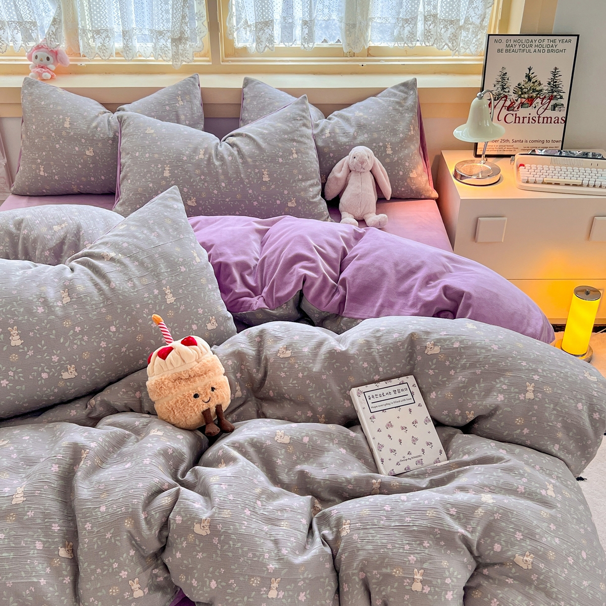 91家纺网 家纺一手货源 找家纺 瑞钰 2025新款A版三层纱B版牛奶绒四件套系列 花间兔