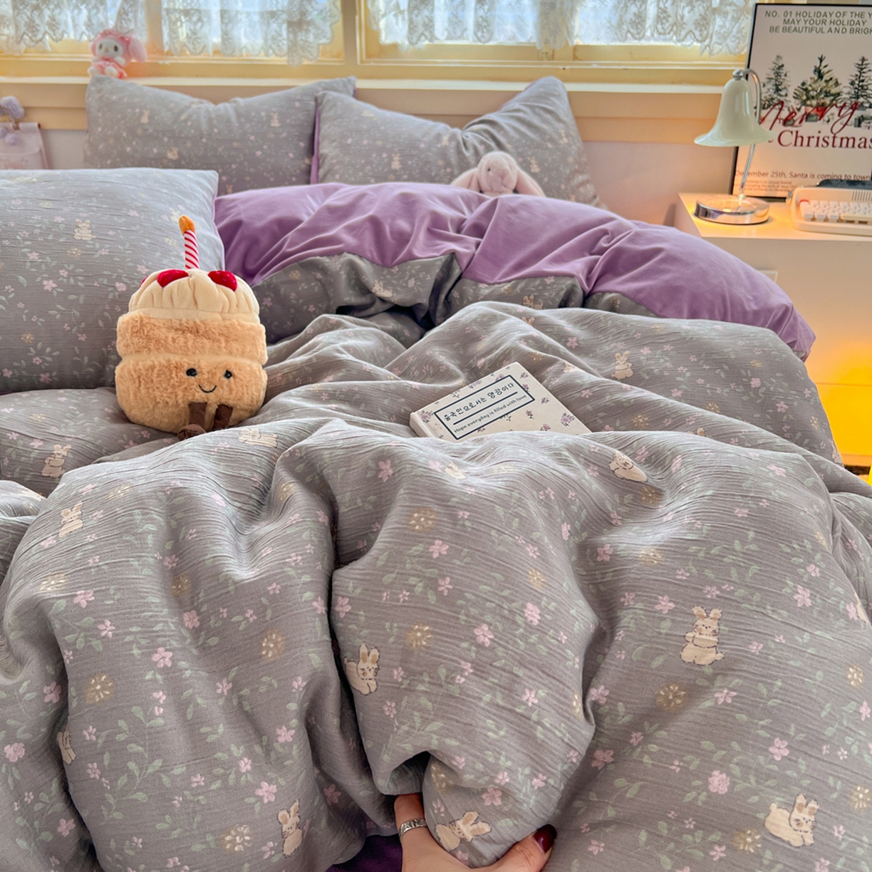 91家纺网 家纺一手货源 找家纺 瑞钰 2025新款A版三层纱B版牛奶绒四件套系列 花间兔