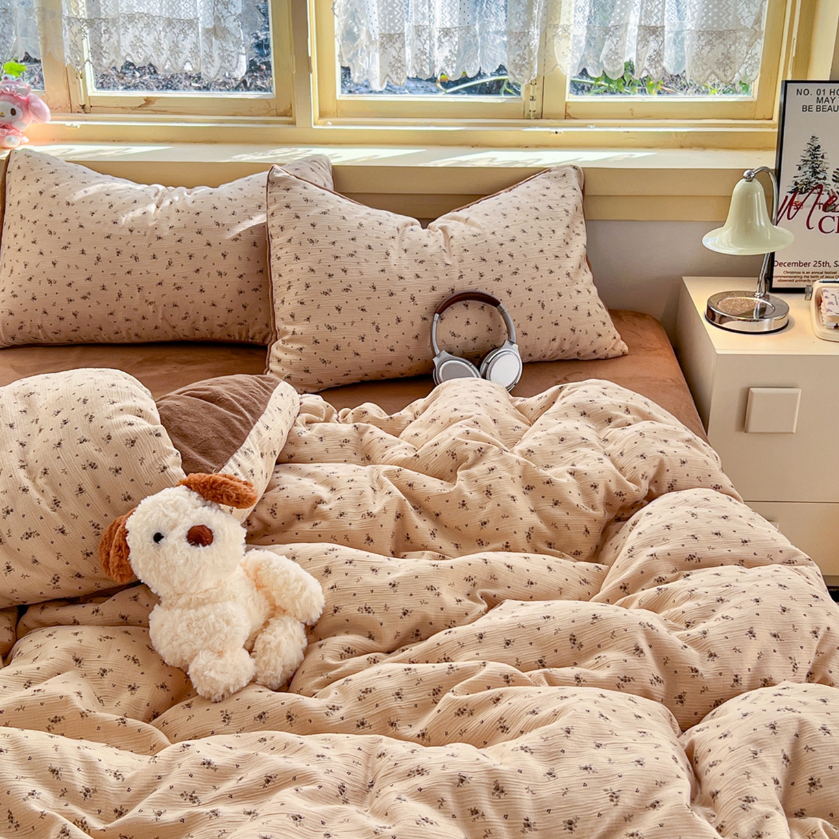 91家纺网 家纺一手货源 找家纺 瑞钰 2025新款A版三层纱B版牛奶绒四件套系列 莫奈-咖