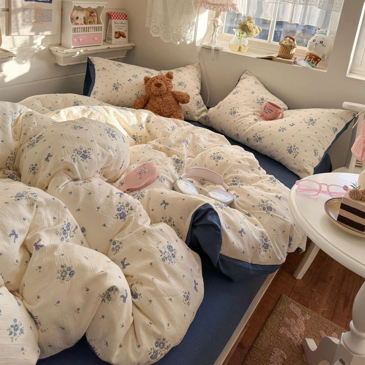 91家纺网 家纺一手货源 找家纺 玉海棠家纺 2025新款甄选三层纱印花四件套 贩卖夏风-蓝