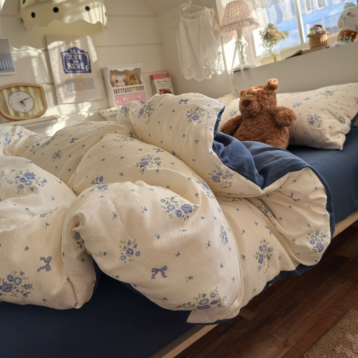 91家纺网 家纺一手货源 找家纺 玉海棠家纺 2025新款甄选三层纱印花四件套 贩卖夏风-蓝