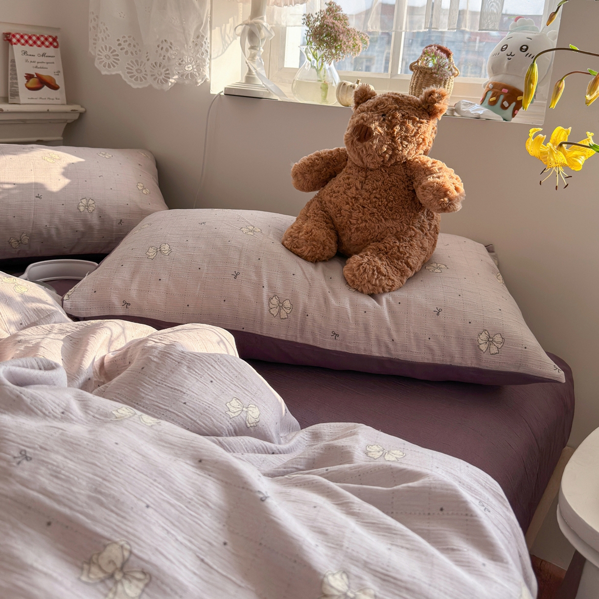 91家纺网 家纺一手货源 找家纺 玉海棠家纺 2025新款甄选三层纱印花四件套 蝴蝶结紫