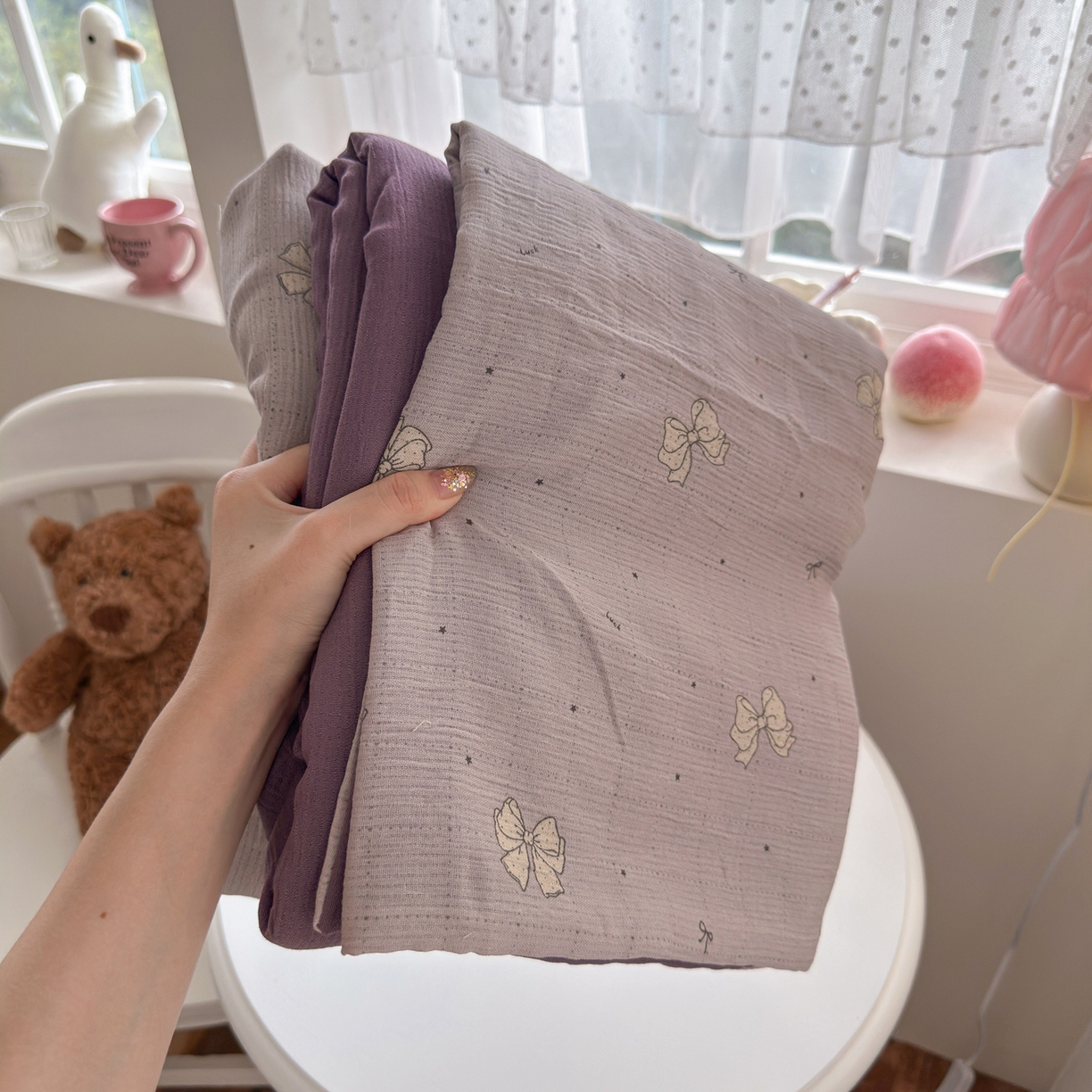 91家纺网 家纺一手货源 找家纺 玉海棠家纺 2025新款甄选三层纱印花四件套 蝴蝶结紫