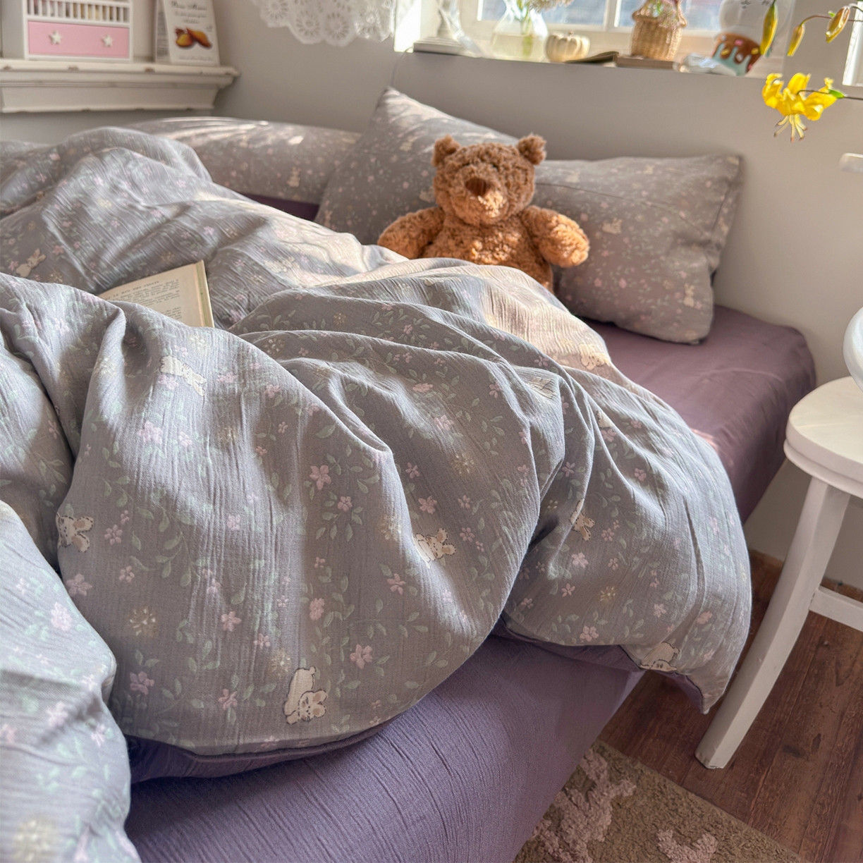 91家纺网 家纺一手货源 找家纺 玉海棠家纺 2025新款甄选三层纱印花四件套 花间兔