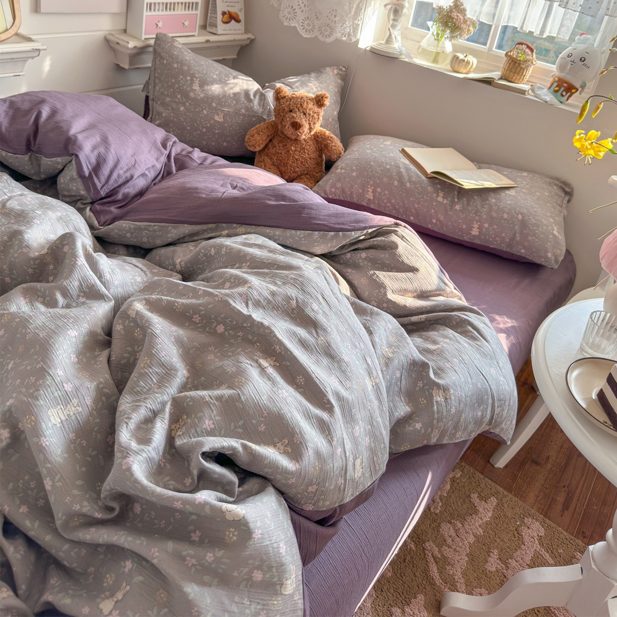 91家纺网 家纺一手货源 找家纺 玉海棠家纺 2025新款甄选三层纱印花四件套 花间兔