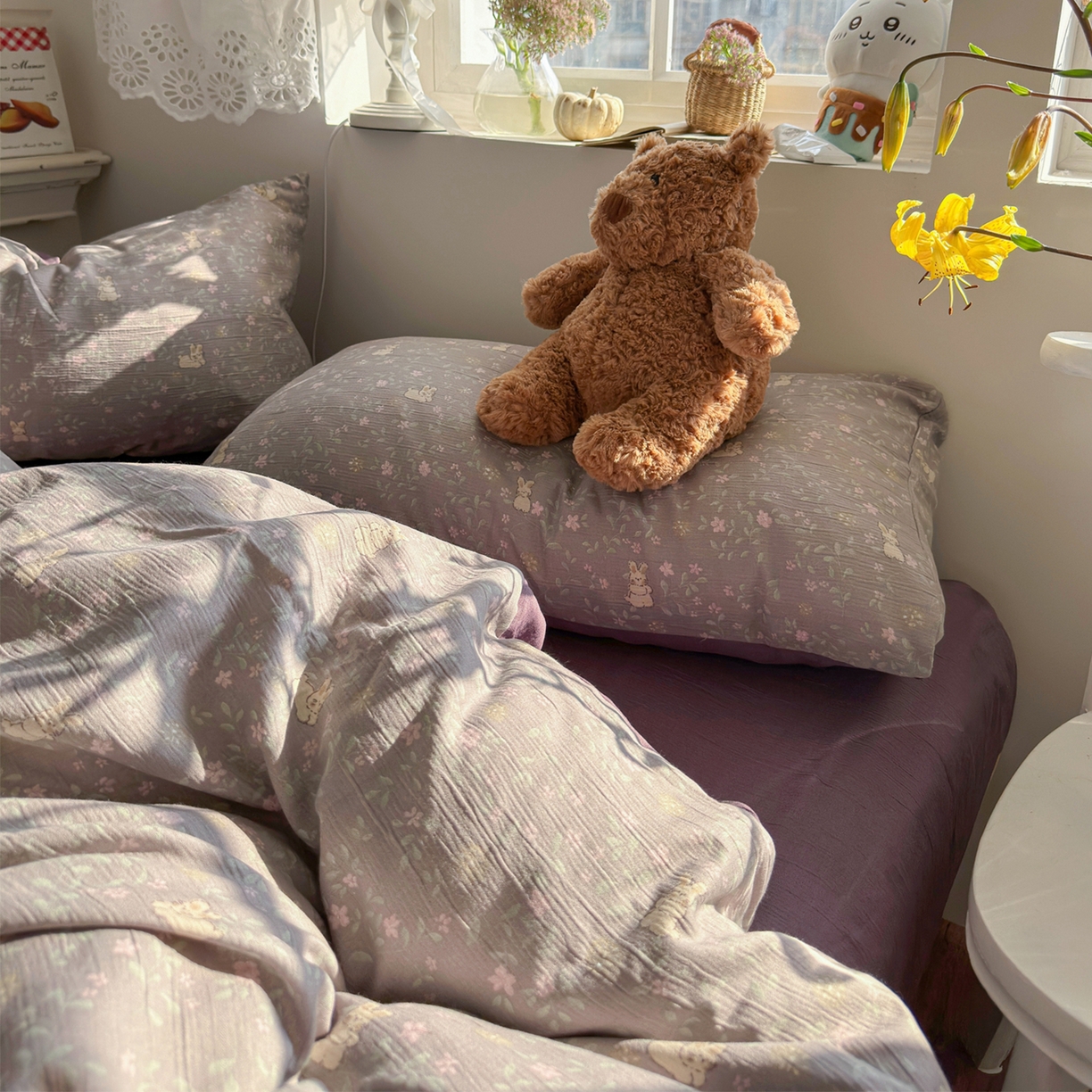 91家纺网 家纺一手货源 找家纺 玉海棠家纺 2025新款甄选三层纱印花四件套 花间兔