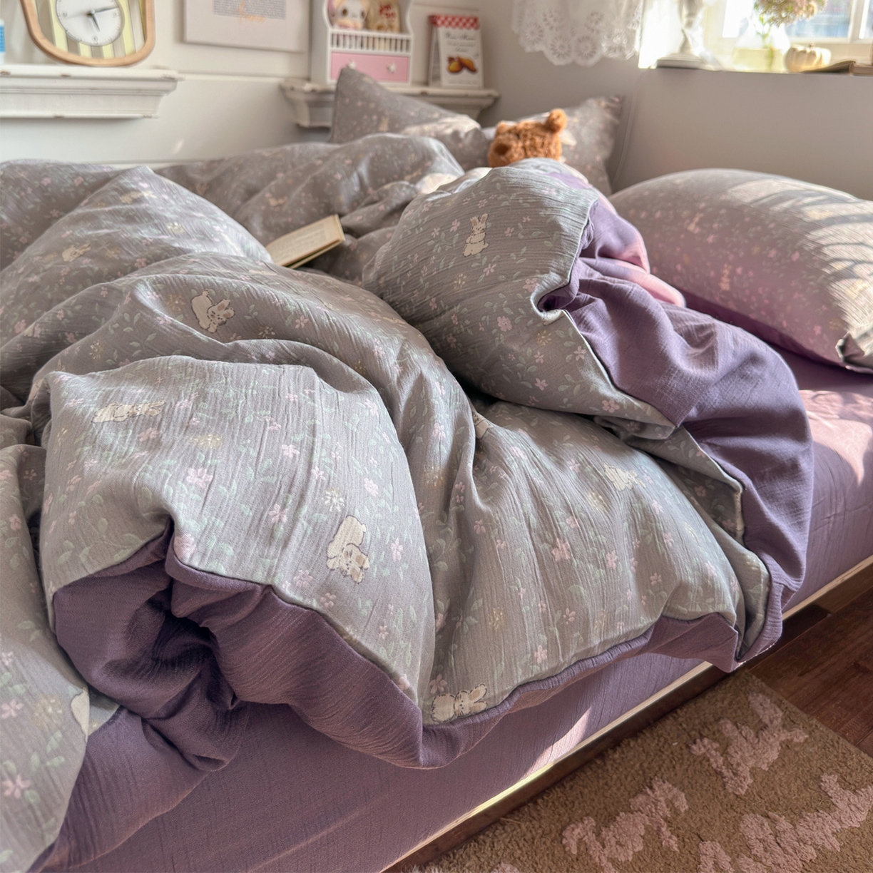 91家纺网 家纺一手货源 找家纺 玉海棠家纺 2025新款甄选三层纱印花四件套 花间兔