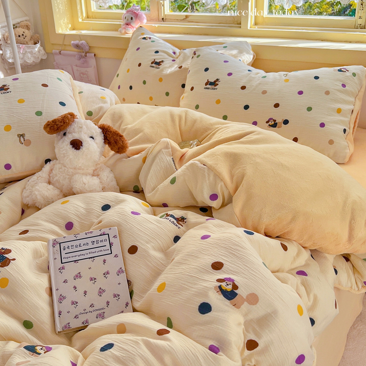 91家纺网 家纺一手货源 找家纺 瑞钰 2025新款A版三层纱B版牛奶绒四件套系列 糖豆腊肠狗