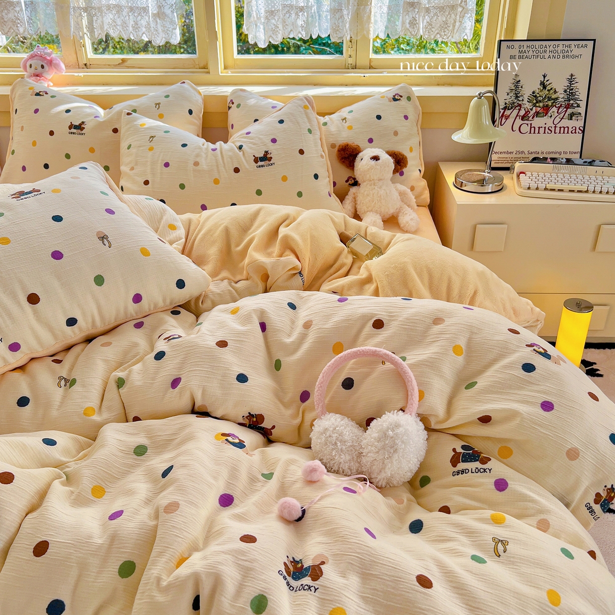 91家纺网 家纺一手货源 找家纺 瑞钰 2025新款A版三层纱B版牛奶绒四件套系列 糖豆腊肠狗