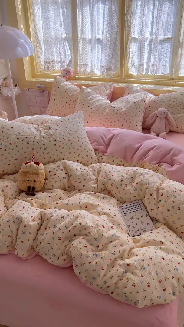 91家纺网 家纺一手货源 找家纺 瑞钰 2025新款A版三层纱B版牛奶绒四件套系列 小花点点