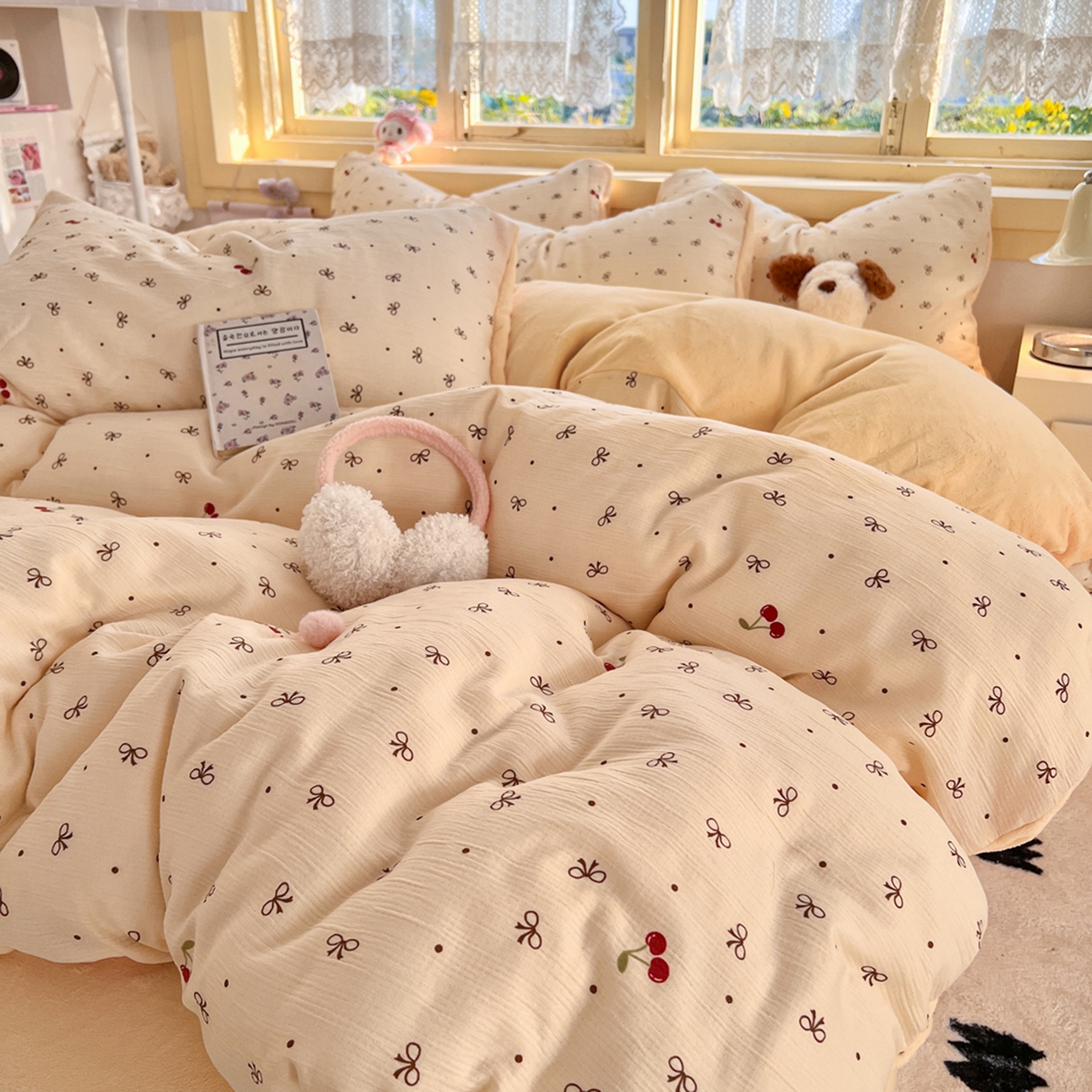 91家纺网 家纺一手货源 找家纺 瑞钰 2025新款A版三层纱B版牛奶绒四件套系列 撄桃蝴蝶