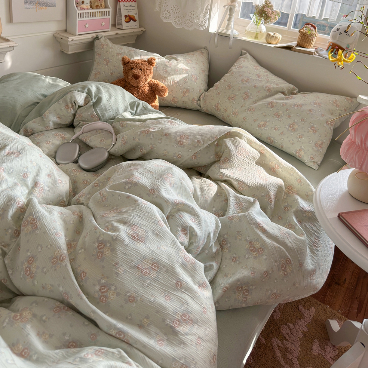 91家纺网 家纺一手货源 找家纺 玉海棠家纺 2025新款甄选三层纱印花四件套 玫瑰夜-绿