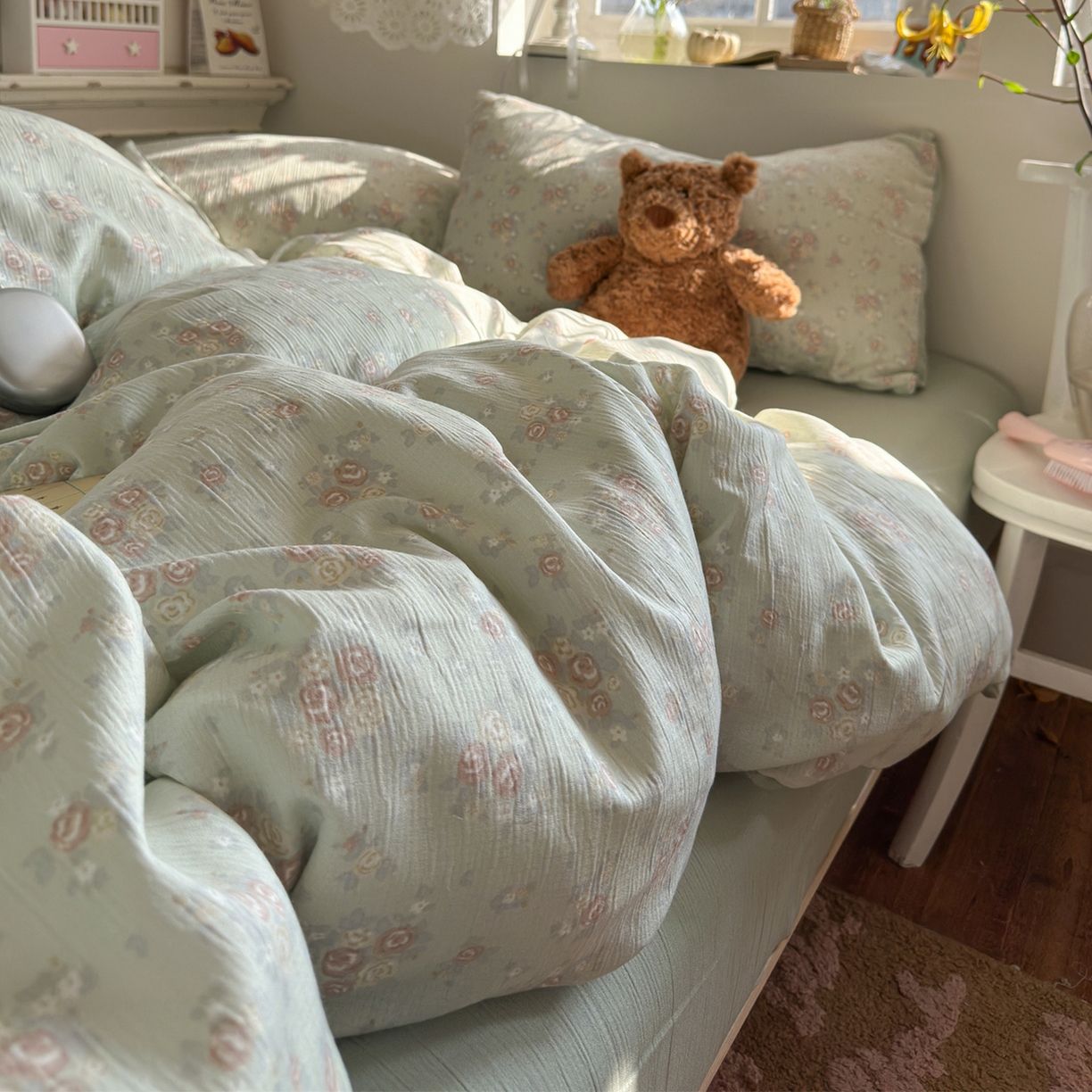 91家纺网 家纺一手货源 找家纺 玉海棠家纺 2025新款甄选三层纱印花四件套 玫瑰夜-绿