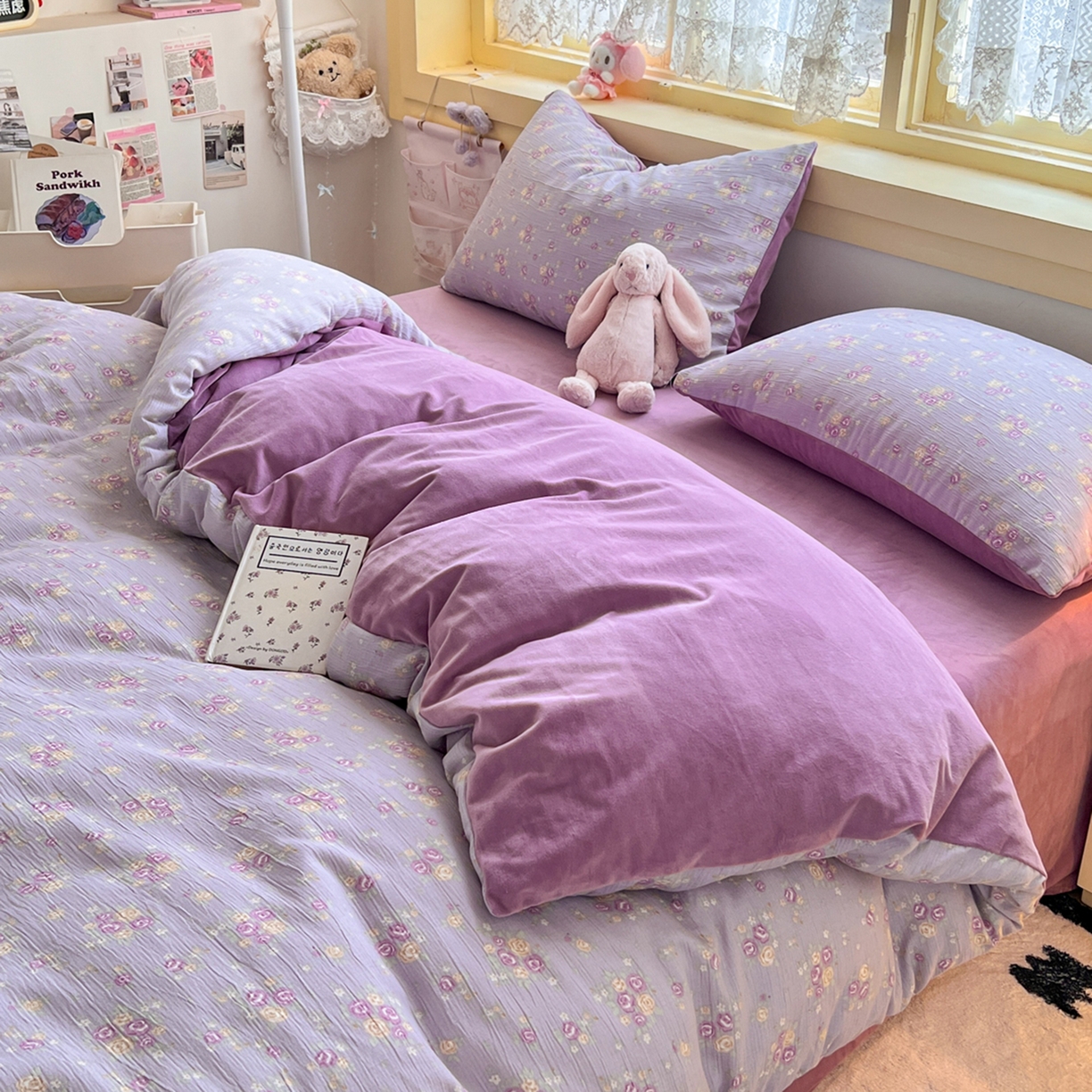 91家纺网 家纺一手货源 找家纺 瑞钰 2025新款A版三层纱B版牛奶绒四件套系列 紫萱