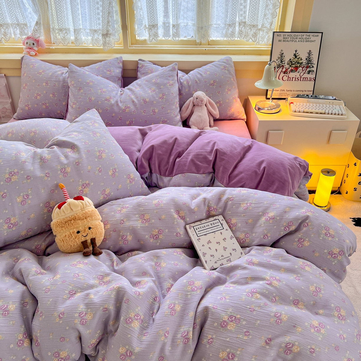 91家纺网 家纺一手货源 找家纺 瑞钰 2025新款A版三层纱B版牛奶绒四件套系列 紫萱