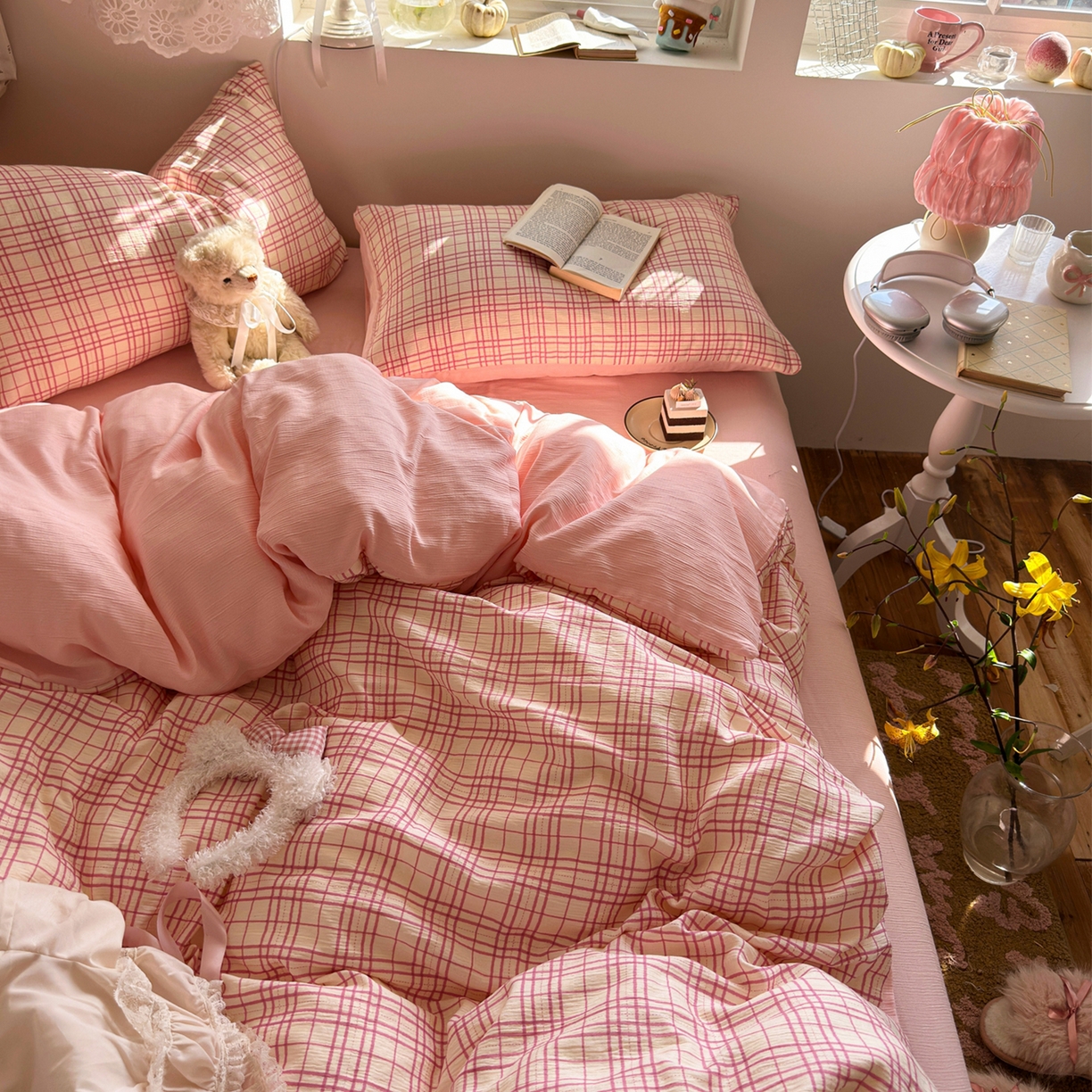 91家纺网 家纺一手货源 找家纺 玉海棠家纺 2025新款甄选三层纱印花四件套 梅森粉