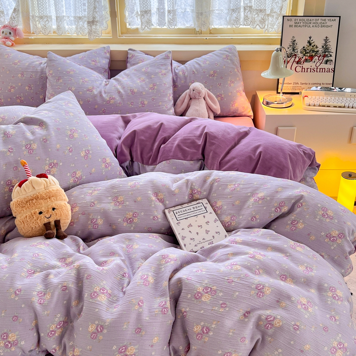 91家纺网 家纺一手货源 找家纺 瑞钰 2025新款A版三层纱B版牛奶绒四件套系列 紫萱