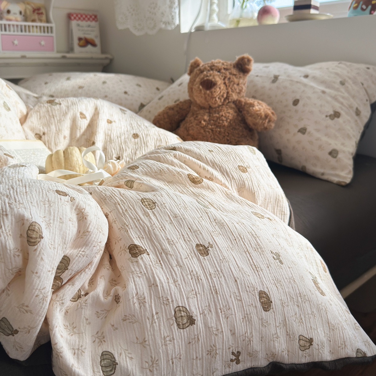 91家纺网 家纺一手货源 找家纺 玉海棠家纺 2025新款甄选三层纱印花四件套 南瓜派