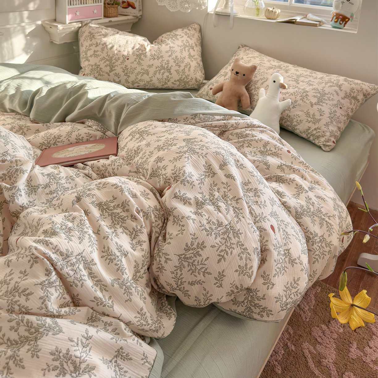 91家纺网 家纺一手货源 找家纺 玉海棠家纺 2025新款甄选三层纱印花四件套 秋月梨