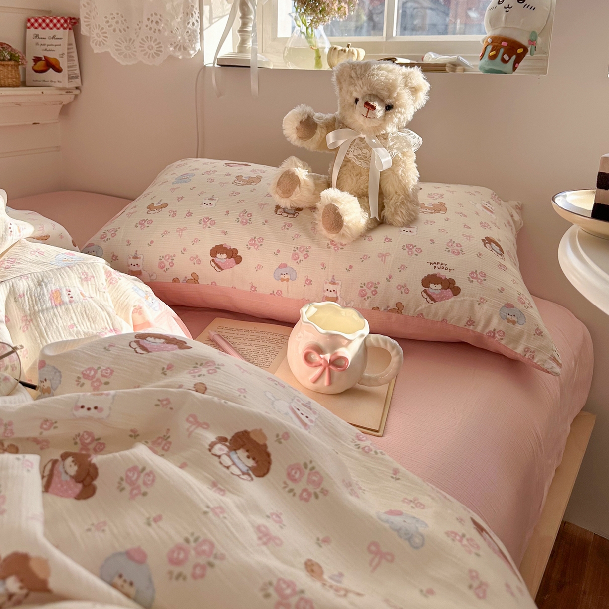 91家纺网 家纺一手货源 找家纺 玉海棠家纺 2025新款甄选三层纱印花四件套 小狗集合会