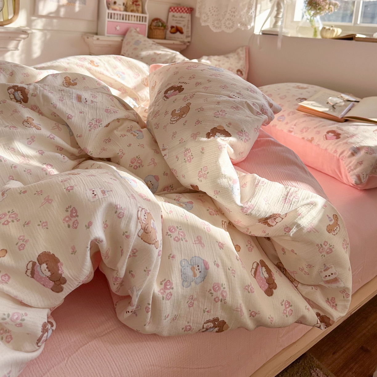 91家纺网 家纺一手货源 找家纺 玉海棠家纺 2025新款甄选三层纱印花四件套 小狗集合会