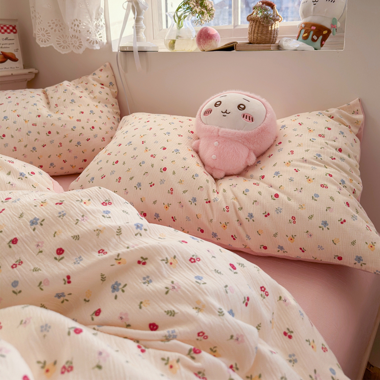 91家纺网 家纺一手货源 找家纺 玉海棠家纺 2025新款甄选三层纱印花四件套 小花点点