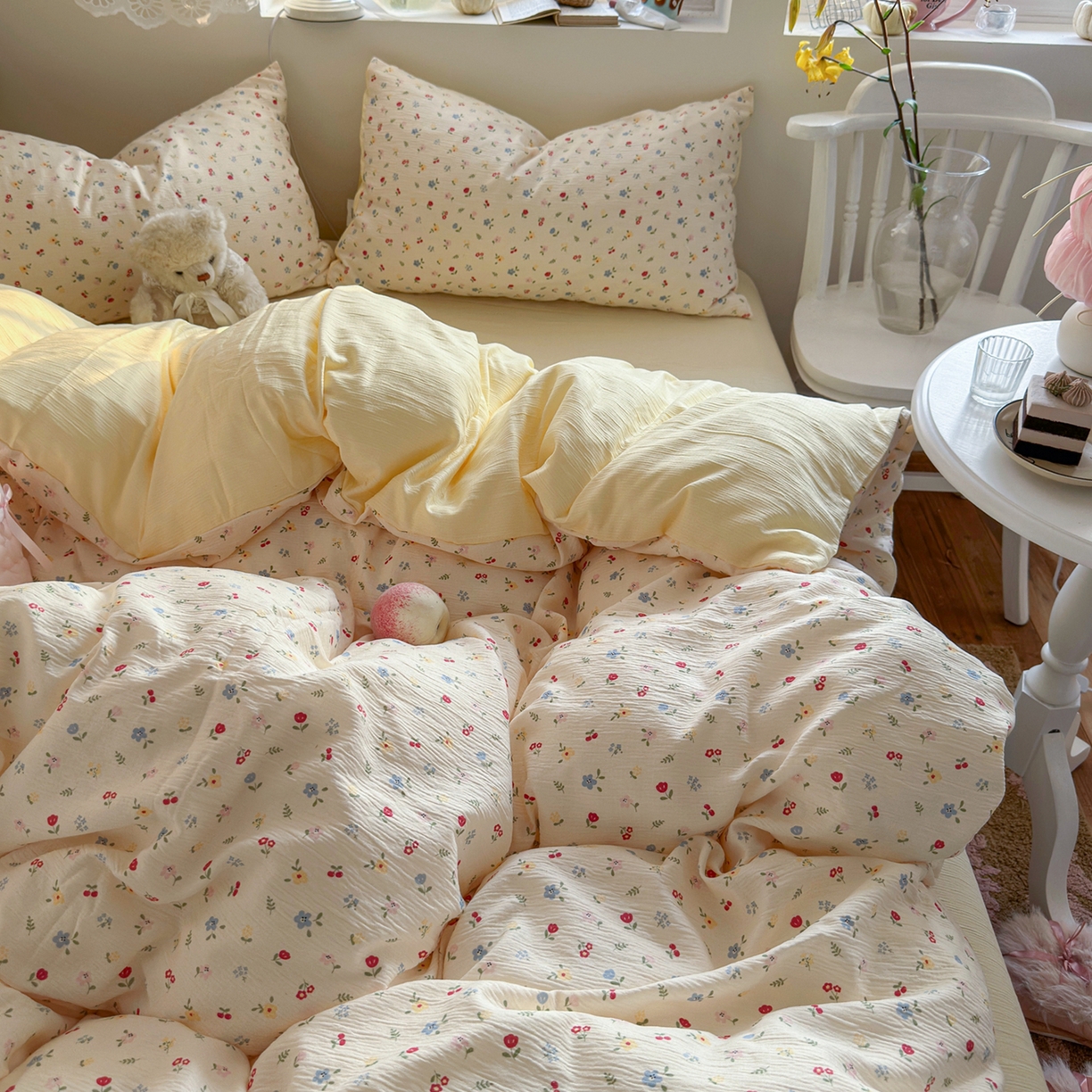 91家纺网 家纺一手货源 找家纺 玉海棠家纺 2025新款甄选三层纱印花四件套 小花花