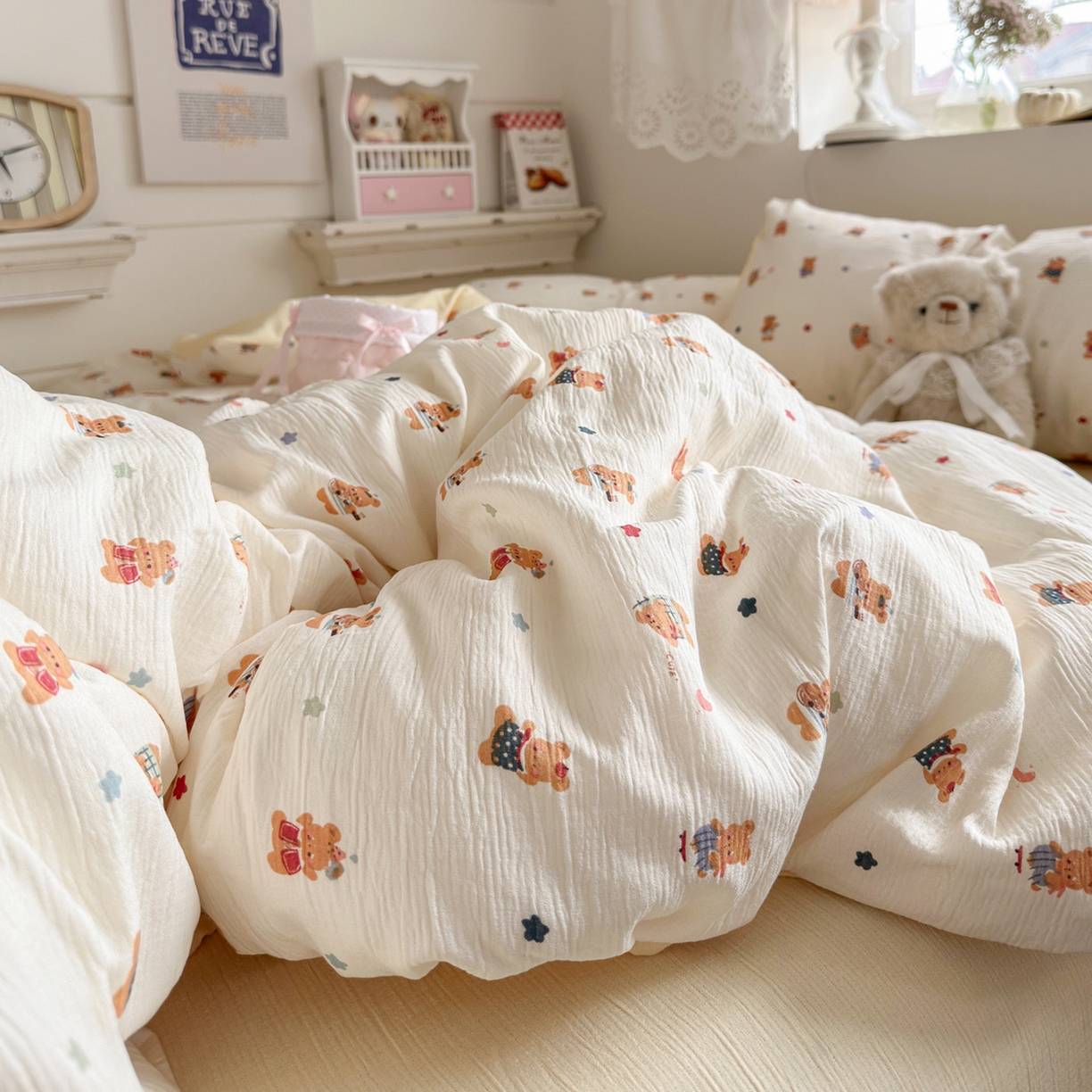 91家纺网 家纺一手货源 找家纺 玉海棠家纺 2025新款甄选三层纱印花四件套 小浣熊