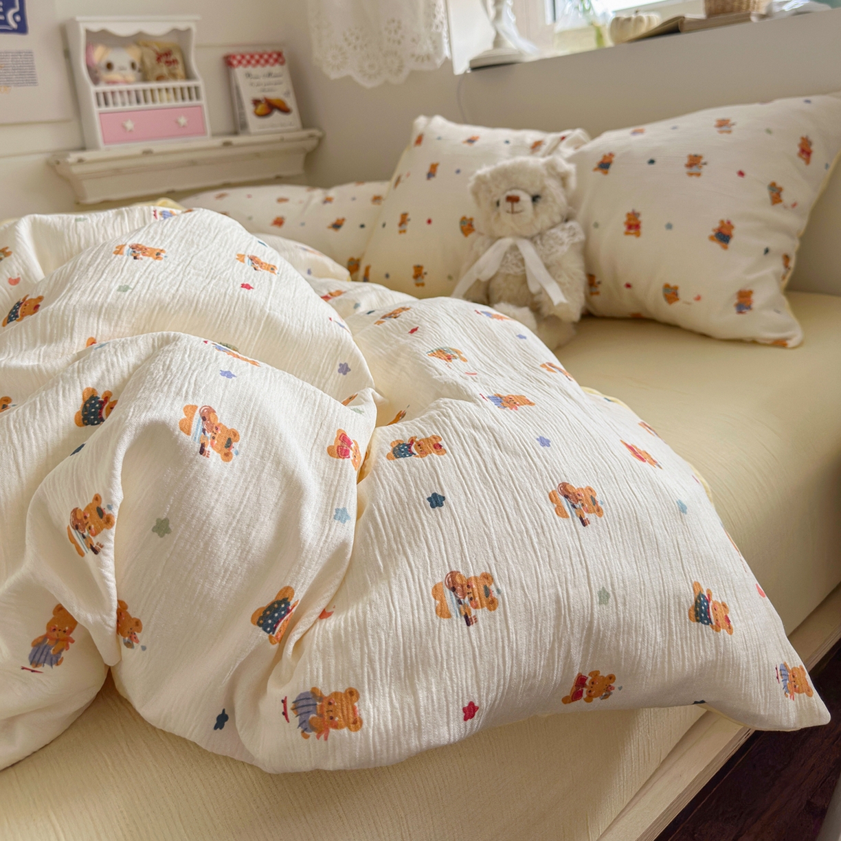 91家纺网 家纺一手货源 找家纺 玉海棠家纺 2025新款甄选三层纱印花四件套 小浣熊