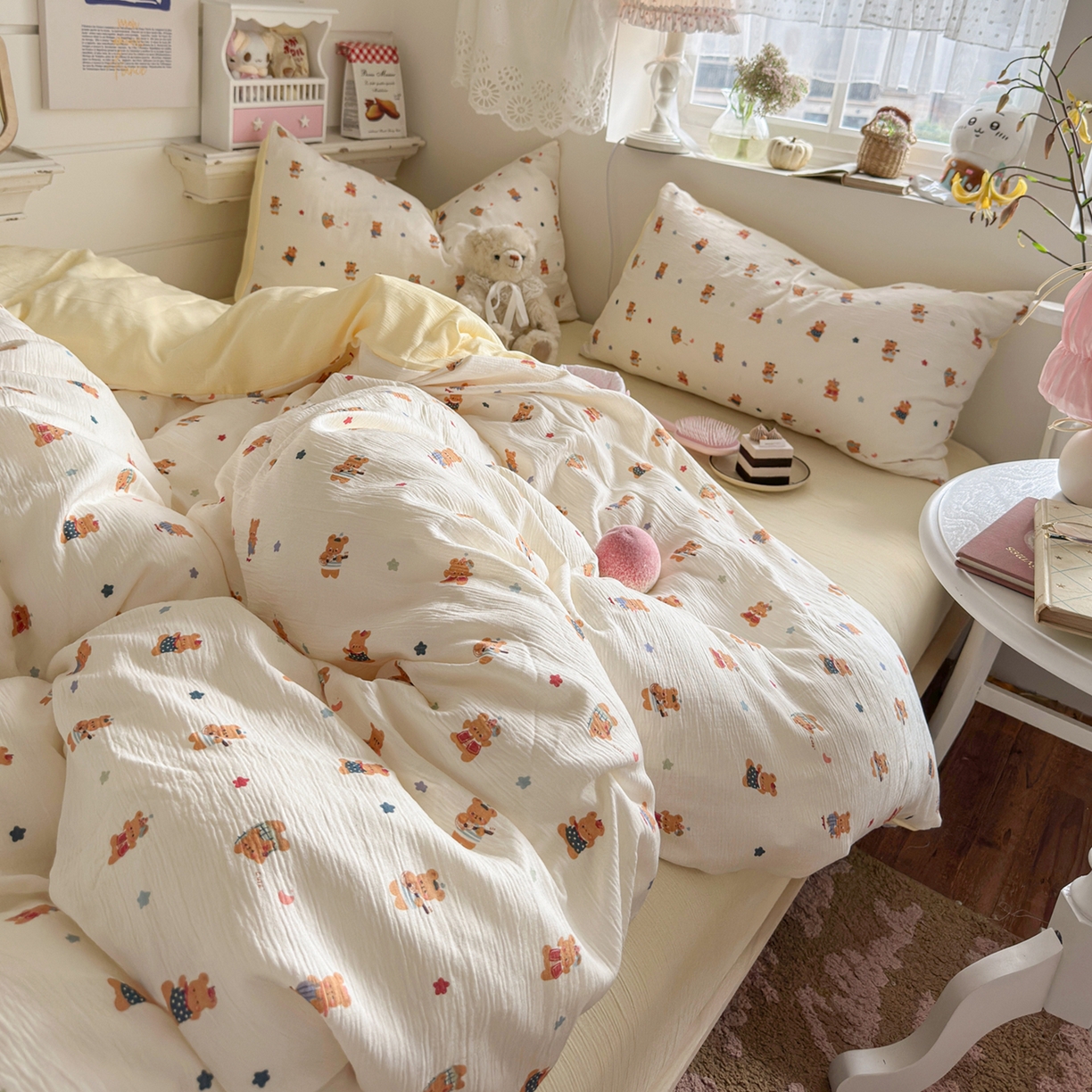 91家纺网 家纺一手货源 找家纺 玉海棠家纺 2025新款甄选三层纱印花四件套 小浣熊