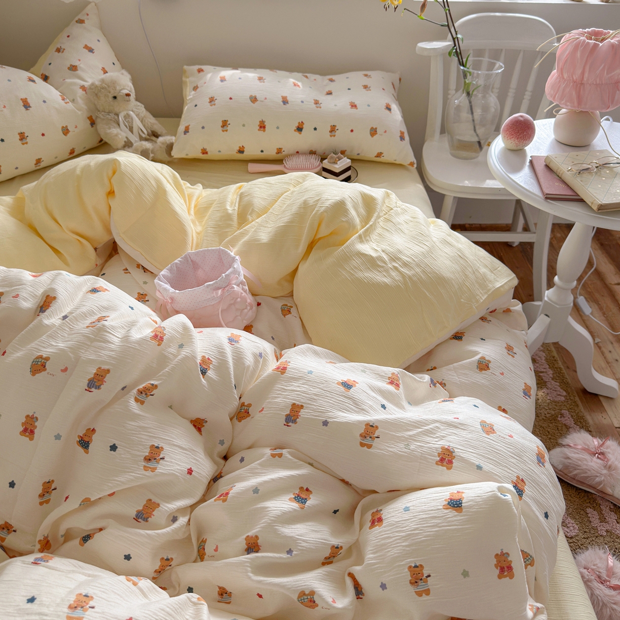 91家纺网 家纺一手货源 找家纺 玉海棠家纺 2025新款甄选三层纱印花四件套 小浣熊