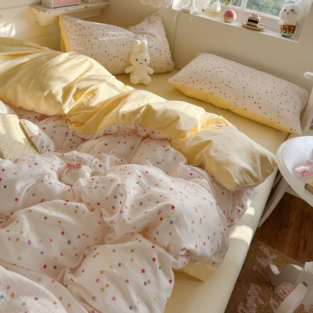 91家纺网 家纺一手货源 找家纺 玉海棠家纺 2025新款甄选三层纱印花四件套 幸运星