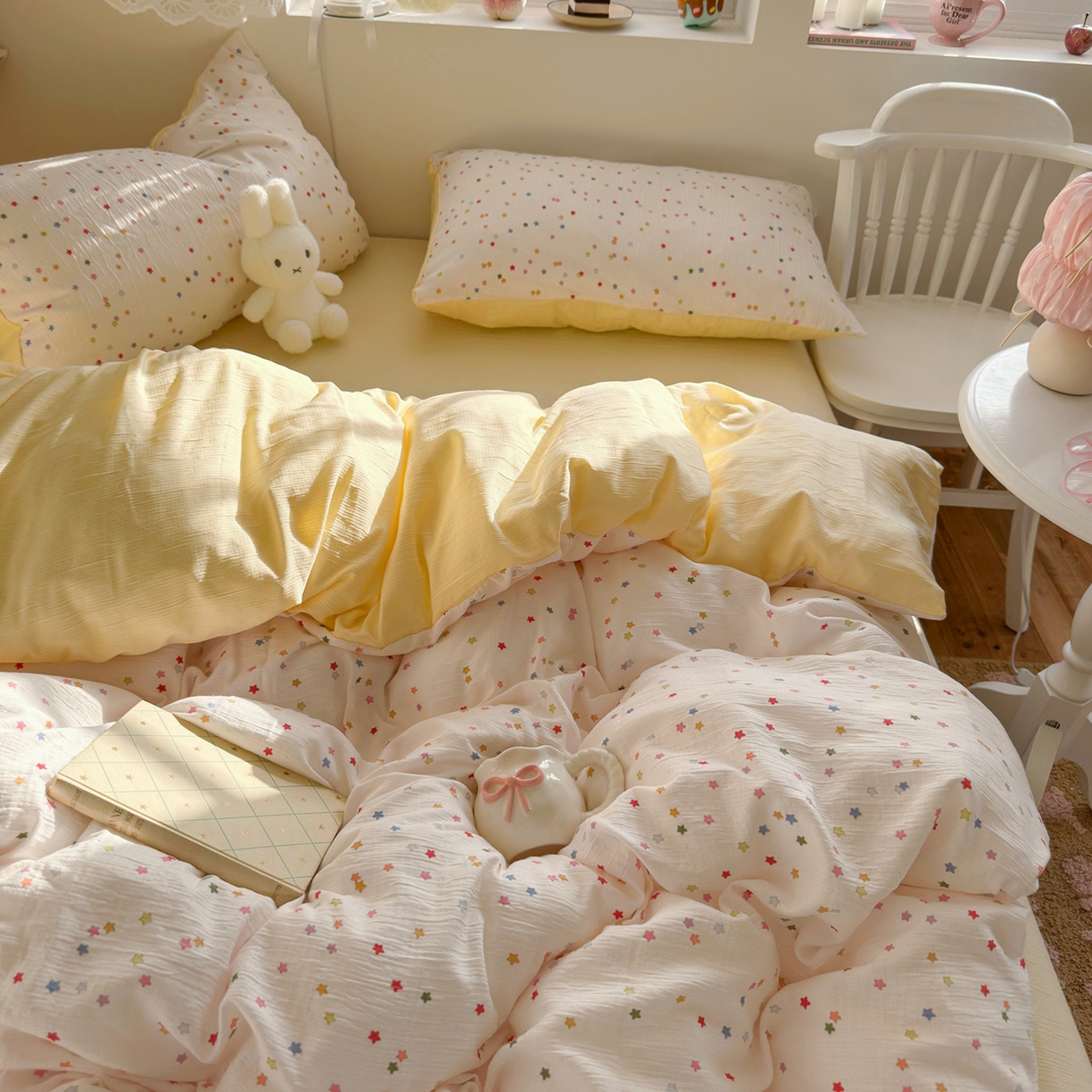 91家纺网 家纺一手货源 找家纺 玉海棠家纺 2025新款甄选三层纱印花四件套 幸运星