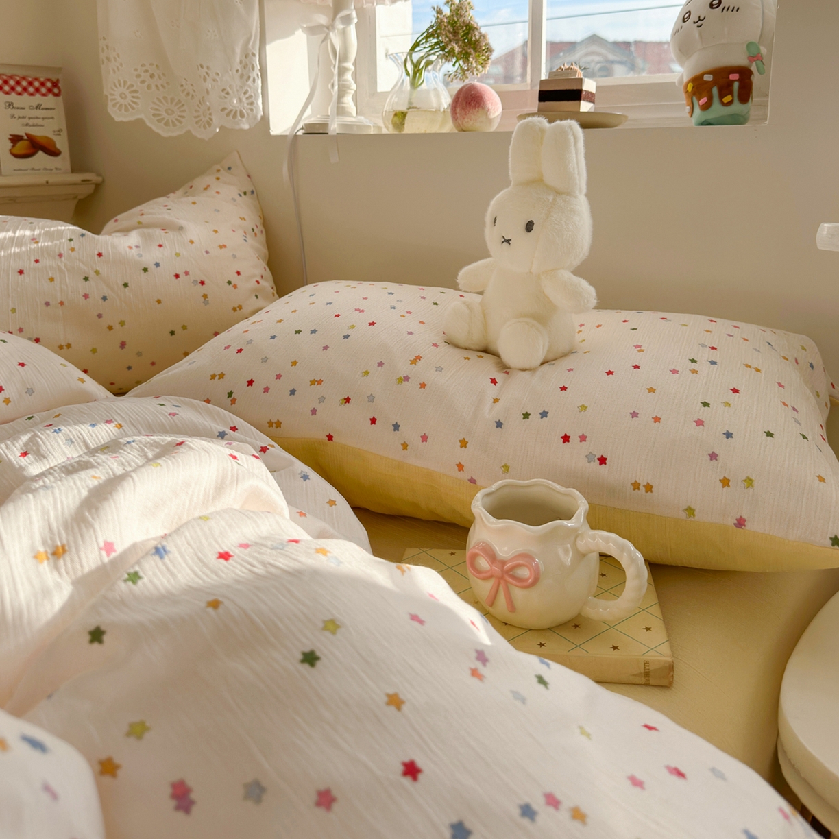 91家纺网 家纺一手货源 找家纺 玉海棠家纺 2025新款甄选三层纱印花四件套 幸运星