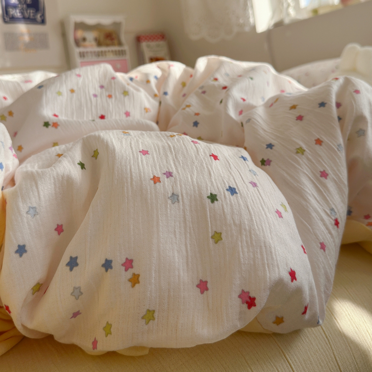 91家纺网 家纺一手货源 找家纺 玉海棠家纺 2025新款甄选三层纱印花四件套 幸运星