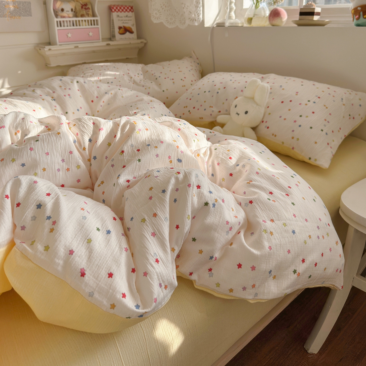 91家纺网 家纺一手货源 找家纺 玉海棠家纺 2025新款甄选三层纱印花四件套 幸运星