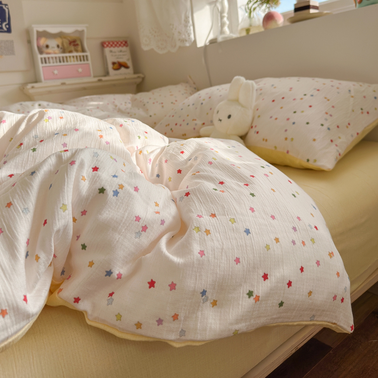 91家纺网 家纺一手货源 找家纺 玉海棠家纺 2025新款甄选三层纱印花四件套 幸运星