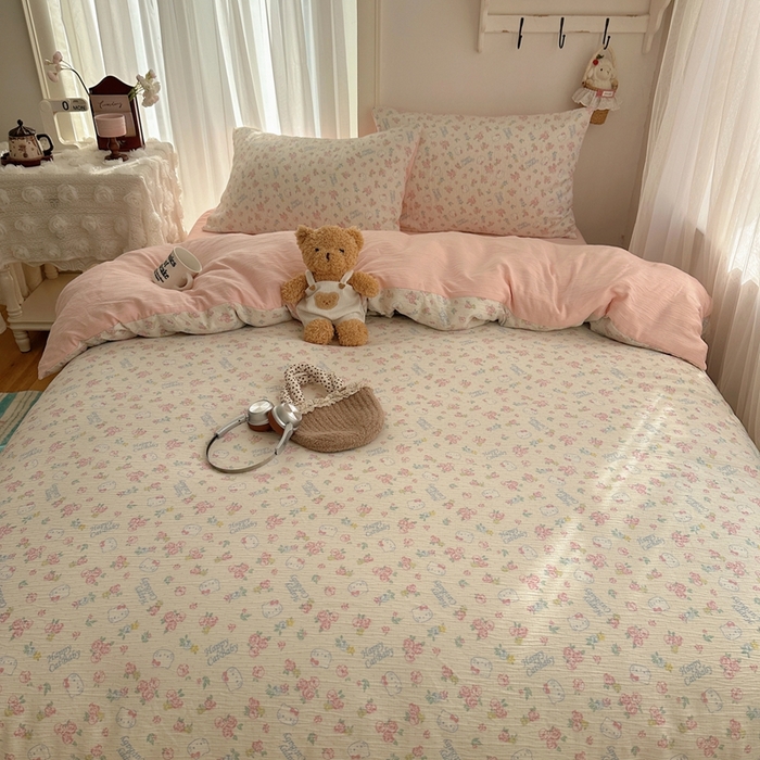 91家纺网 家纺一手货源 找家纺 瑞钰 2025新款甄选三层纱印花四件套 花丛点点猫