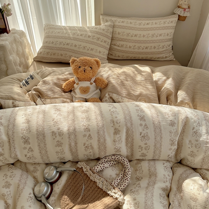 91家纺网 家纺一手货源 找家纺 瑞钰 2025新款甄选三层纱印花四件套 蕾丝熊