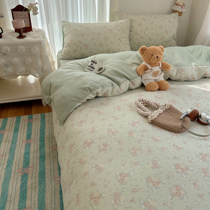 91家纺网 家纺一手货源 找家纺 瑞钰 2025新款甄选三层纱印花四件套 玫瑰夜-绿