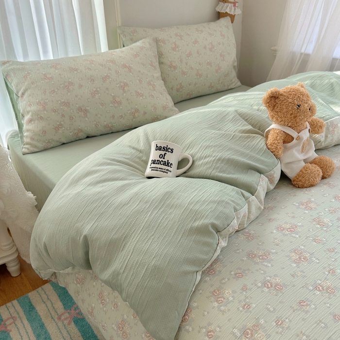 91家纺网 家纺一手货源 找家纺 瑞钰 2025新款甄选三层纱印花四件套 玫瑰夜-绿