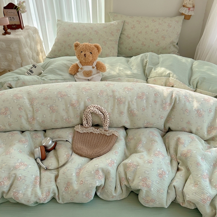 91家纺网 家纺一手货源 找家纺 瑞钰 2025新款甄选三层纱印花四件套 玫瑰夜-绿