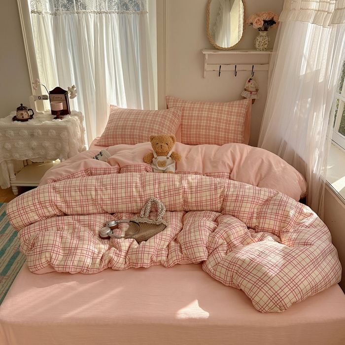 91家纺网 家纺一手货源 找家纺 瑞钰 2025新款甄选三层纱印花四件套 梅森粉