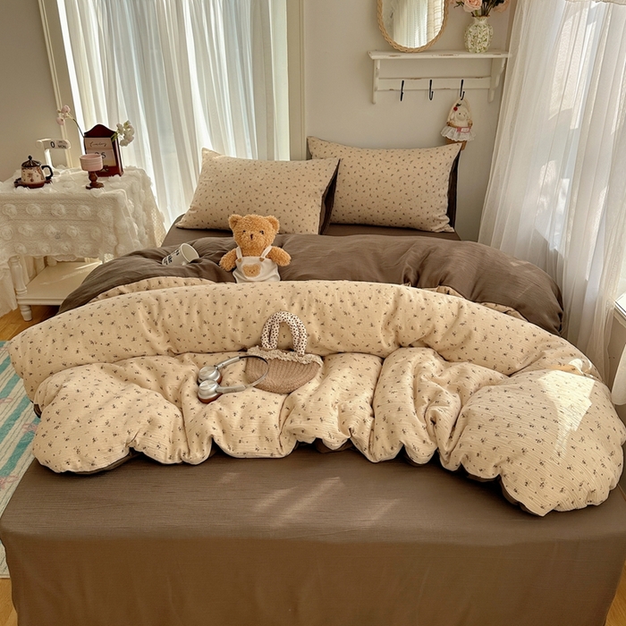 91家纺网 家纺一手货源 找家纺 瑞钰 2025新款甄选三层纱印花四件套 莫奈-咖