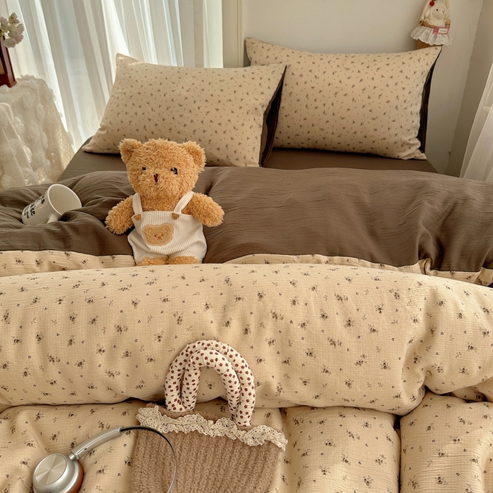 91家纺网 家纺一手货源 找家纺 瑞钰 2025新款甄选三层纱印花四件套 莫奈-咖